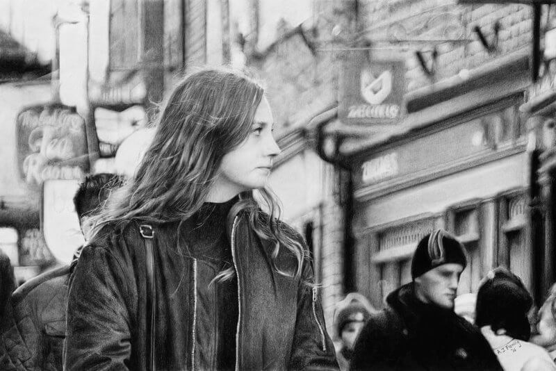 Graphite drawing of woman with long hair shopping on the Shambles in York in winter