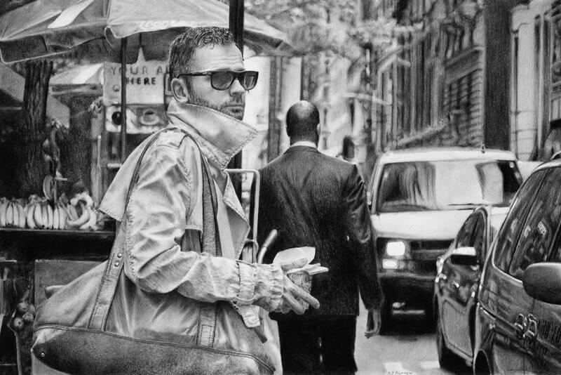 Graphite drawing of man in sunglasses with coffee and bag at crossing in New York