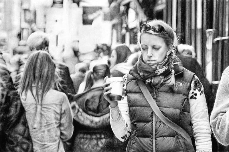 Graphite drawing of woman wearing scarf drinking coffee on the Shambles in York in winter
