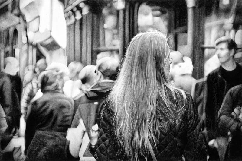 Graphite drawing of woman with long hair shopping on the Shambles in York in winter