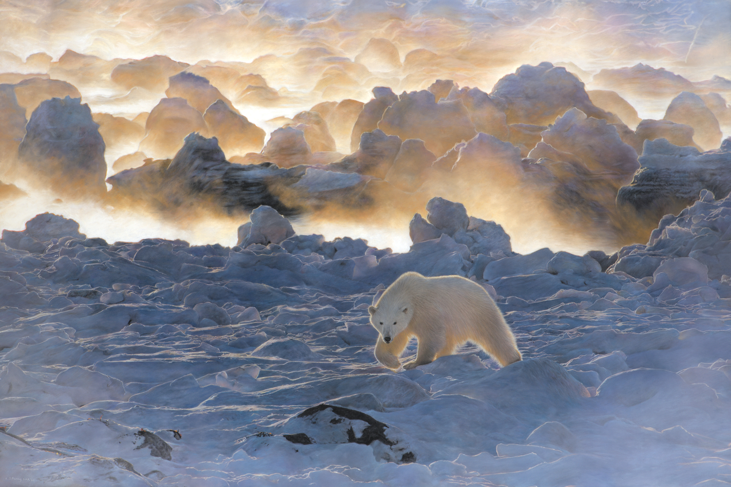 Pastel and colour pencil drawing of a polar bear in its home environment