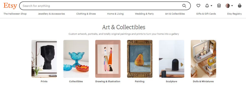 A screenshot of Etsy's home page, which is a great place to sell wildlife art
