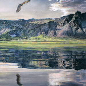 Pastel drawing of an eagle soaring over a lake with mountains in the background