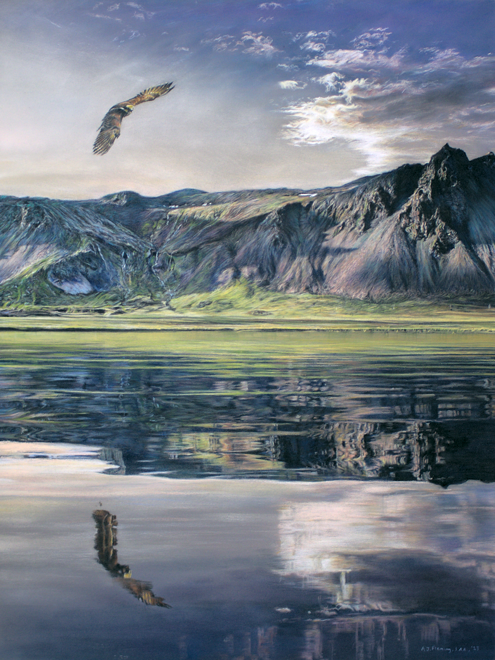 Pastel drawing of an eagle soaring over a lake with mountains in the background